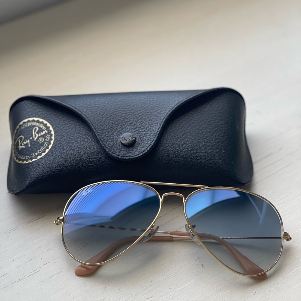 Ray-Ban Gold Aviator Sunglasses with Blue Lenses